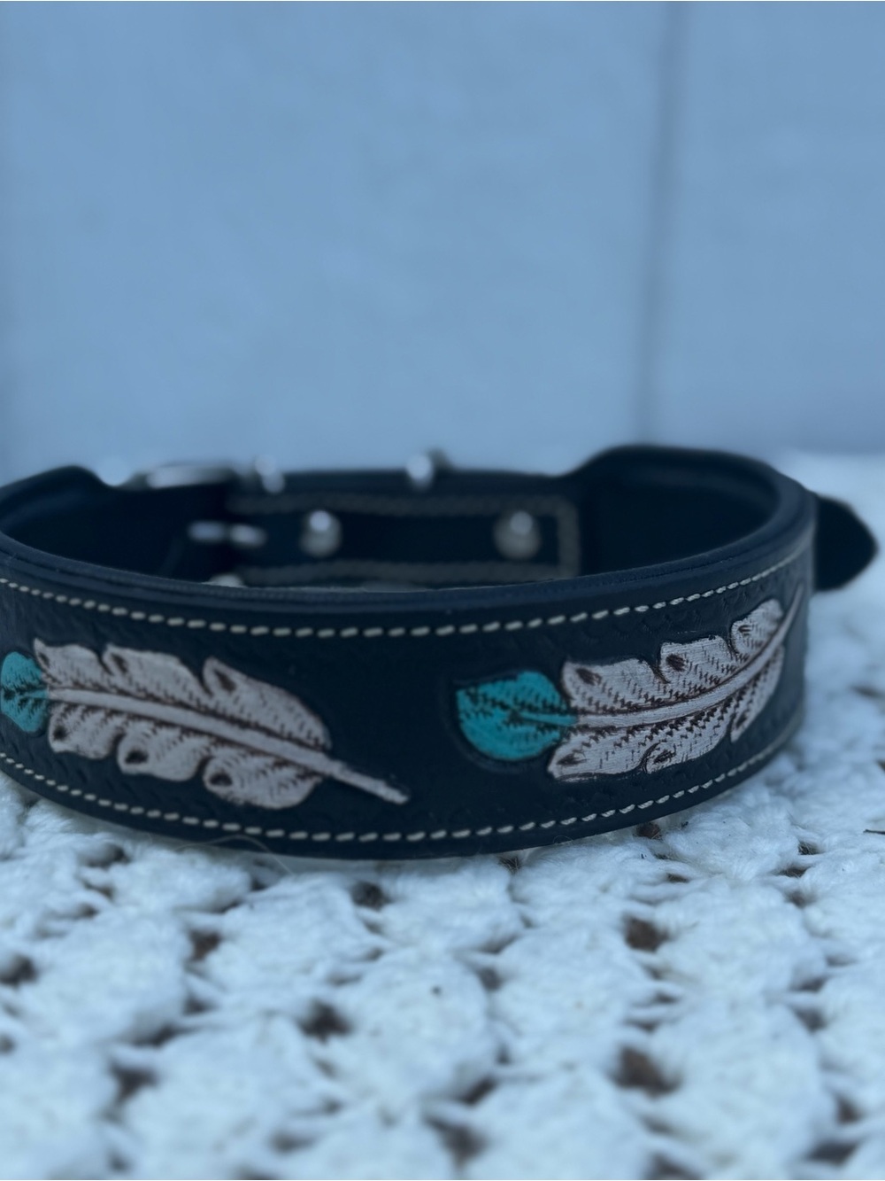Leather dog collar Feather Embroidered Belt - Black